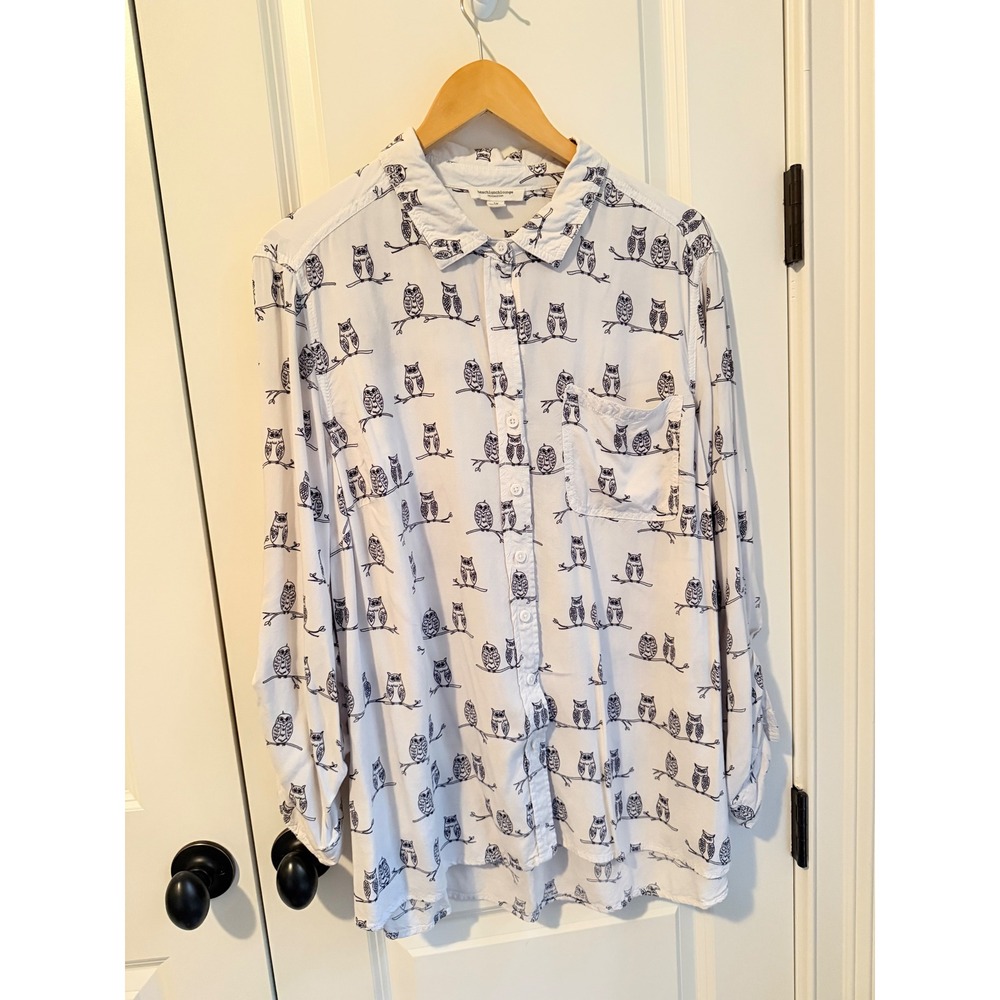 BeachLunchLounge Owl Print Button Down Shirt White Navy Blue 1X Roll Tab Sleeve